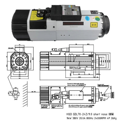 Image of 9KW ISO30 CNC Spindle Kit With Automatic Tool Changer Air Cooled Spindle Motor VFD Inverter 220V And 380V with technical schematics.