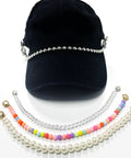 Detachable Pearl Hat Chains For Trucker Hats And Mesh Baseball Caps 4 Pack with Metal Beads and Lobster Claw Clasps on Black Cap