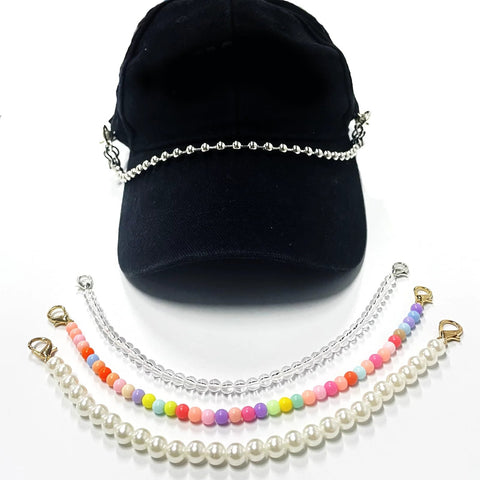Detachable Pearl Hat Chains For Trucker Hats And Mesh Baseball Caps 4 Pack with Metal Beads and Lobster Claw Clasps on Black Cap
