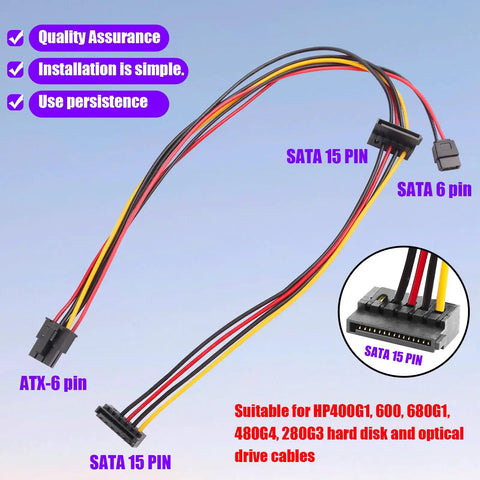 ATX 6 Pin To Dual SATA Power Adapter Cable 19.6 In Long One To Two SATA Power Splitter For HDD SSD And Optical Drive PC Build Extension Juiced Up Power Port Expansion, 19.6 in cable with ATX-6 pin and dual SATA 15-pin connectors