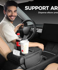 Leather Car Center Console Cover 5 In 1 Multifunctional Armrest Cushion with cup holders and phone slot in a car interior