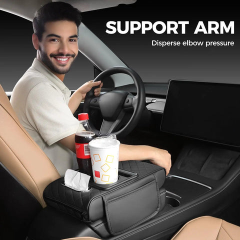 Leather Car Center Console Cover 5 In 1 Multifunctional Armrest Cushion with cup holders and phone slot in a car interior