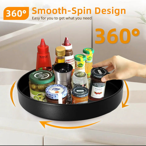 Heavy Duty 12 Inch Metal Lazy Susan Organizer With 360 Degree Spin Anti Rust Turntable holding condiments on kitchen countertop.