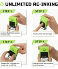 Step-by-step guide for using Reliable Self Inking Date Stamp With Rock Solid Green Body And Two Black Refill Pads.