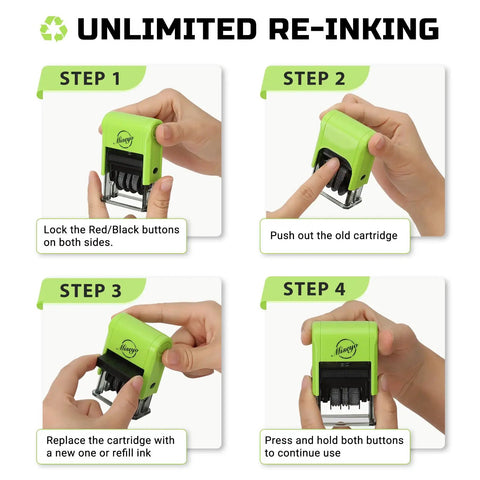 Step-by-step guide for using Reliable Self Inking Date Stamp With Rock Solid Green Body And Two Black Refill Pads.