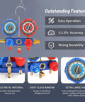 Vacuum Pump And Gauge Set Pro Grade With 4.5 CFM Rating 3 Way Aluminum Manifold Gauge Leak Detector shown with feature highlights