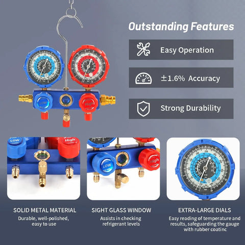 Vacuum Pump And Gauge Set Pro Grade With 4.5 CFM Rating 3 Way Aluminum Manifold Gauge Leak Detector shown with feature highlights