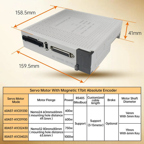 Beefed-Up 1000W 220V Servo Motor Kit With Driver And CNC Controller dimensions and specifications