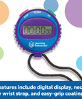 Three Button Kids Stopwatch For Classrooms And Home, Easy Elapsed Time Tracker For Timed Math Drills, Science Experiments, And Gym Activities, With Green Go, Red Stop, Yellow Clear Buttons, Ages Five And Up, showing digital display and strap.