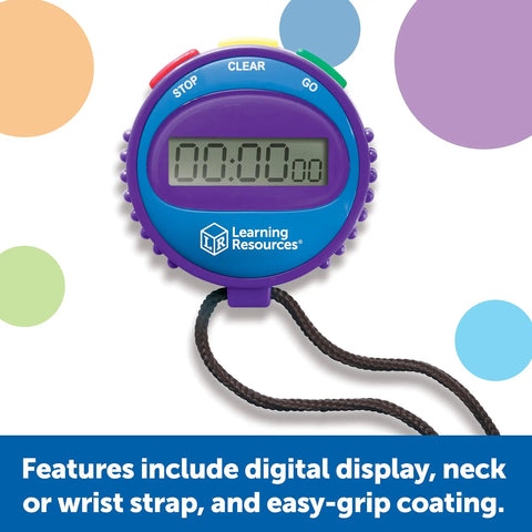 Three Button Kids Stopwatch For Classrooms And Home, Easy Elapsed Time Tracker For Timed Math Drills, Science Experiments, And Gym Activities, With Green Go, Red Stop, Yellow Clear Buttons, Ages Five And Up, showing digital display and strap.