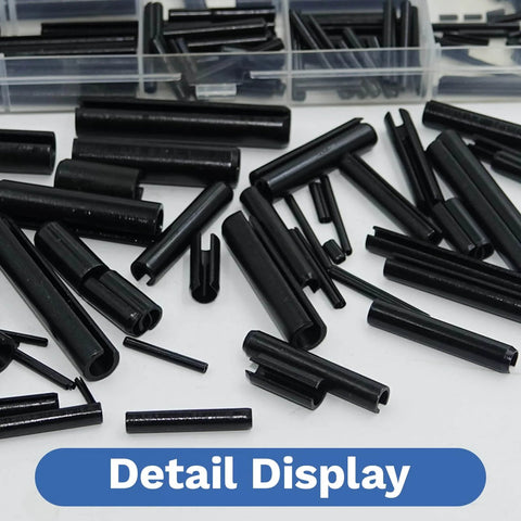 SAE Roll Pin Assortment Set, 248 Piece Set, ten sizes, slotted spring pins, split pins, expanding pins in durable steel, detail view