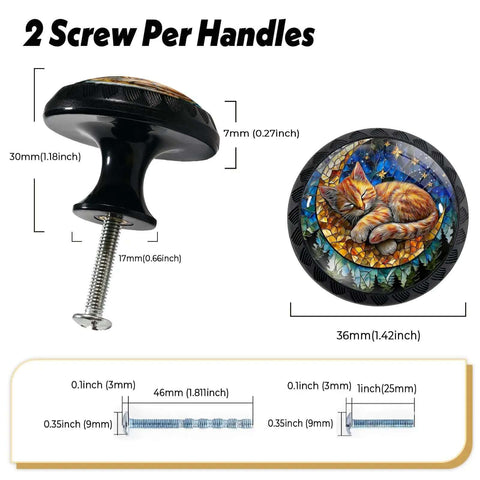 Dimensions of Set Of 4 Stained Glass Sleeping Cat And Moon Cabinet Knobs Round Acrylic Drawer Pulls shown with screws