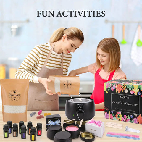 DIY Candle Making Kit For Adults With Hot Plate Complete Soy Wax Starter Set With 500 Ml Wax Warmer 16 Tin Jars on table