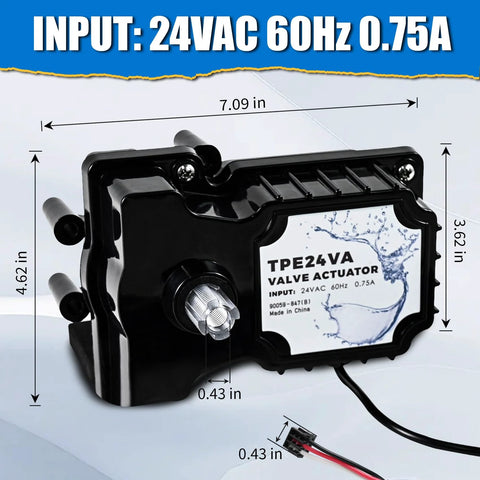 Front view of black TPE24VA 24VAC pool valve actuator with label and wiring connector