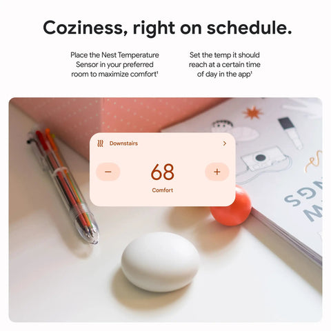 Nest Temperature Sensor 2nd Gen For Room Comfort And Smart Scheduling, Say Bye To Hot And Cold Spots, Easy Setup In Google Home App, Works With Nest Thermostat 3rd And 4th Gen And Nest Thermostat E, White on a desk