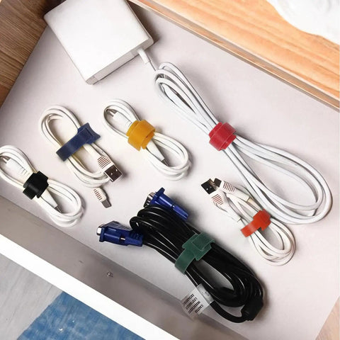 Multicolor Nylon Fabric Cable Ties With Reusable Hook And Loop Fasteners, 102 Pcs, 10 Inch Length organizing cables in a drawer