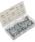 Metric Grease Fitting Kit 100 Piece Set With 6mm 8mm and 10mm Fittings Including 40 Straight 6 at 45 Degree and 6 at 90 Degree Angles in Clear Plastic Box