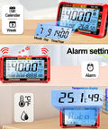 Auto Ranging Digital Multimeter With Large LCD Display And 4000 Count Voltage Tester showing calendar and alarm settings.