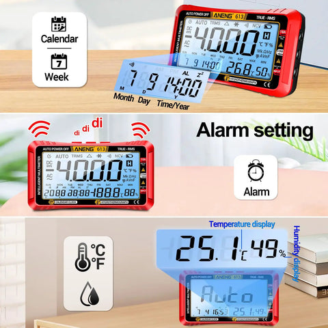 Auto Ranging Digital Multimeter With Large LCD Display And 4000 Count Voltage Tester showing calendar and alarm settings.
