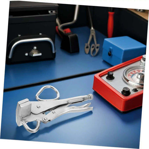 Adjustable Steel Vice Grip Plier for Automotive Sheet Metal Repair on workbench, heavy duty welding clamp for car dent fixing