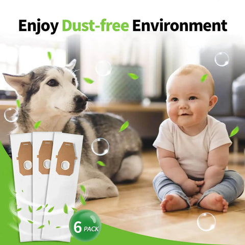 6 Pack Replacement Type Q HEPA Vacuum Bags For Hoover Platinum Upright UH30010 with dog and baby on floor