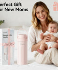 Keep Your Pumped Juice Ice Cold All Day With This Portable Breast Milk Cooler And Dual Leakproof Storage Bottles Crafted For Hustling Moms Grab And Go Travel Chiller Keeps Milk Fresh Zero Chaos Setup Slick Blush Look, featuring pink cooler next to mother and baby.