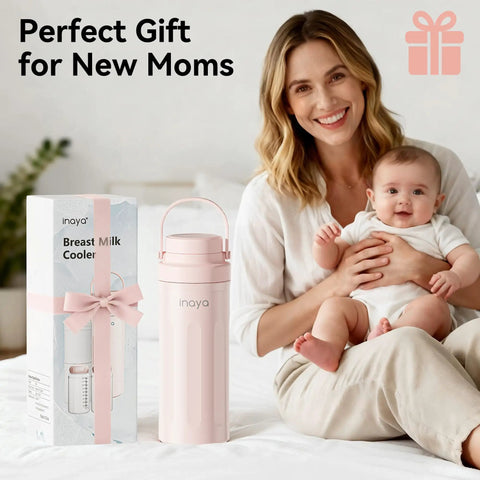 Keep Your Pumped Juice Ice Cold All Day With This Portable Breast Milk Cooler And Dual Leakproof Storage Bottles Crafted For Hustling Moms Grab And Go Travel Chiller Keeps Milk Fresh Zero Chaos Setup Slick Blush Look, featuring pink cooler next to mother and baby.
