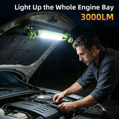 Mechanic using Two Pack Rechargeable LED Work Light Set, 3000 Lumens Portable Mechanic Light With Magnetic Base under car hood