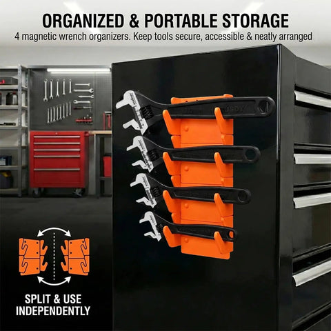Four Piece Adjustable Wrench Set With 6, 8, 10, 12 Inch Wide Jaw Spanners Black Oxide CRV Steel Includes Magnetic Organizer Racks