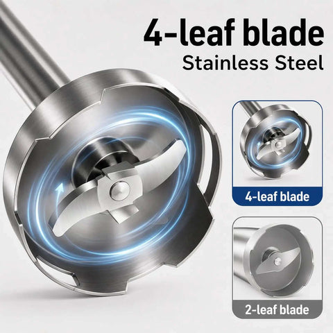Cordless Immersion Hand Blender And Stick Blender With Straight Up Powerful Brushless Motor showing 4-leaf stainless steel blade.