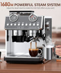Badass Espresso Machine With Integrated Grinder And Twenty Bar Pressure For Smooth Morning Sips Featuring Thirty Precision Grind Levels Five Eight Millimeter Portafilter And Pro Steam Wand For Creamy Lattes In Sleek Iron Grey with milk frothing pitcher.