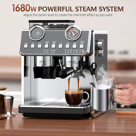 Badass Espresso Machine With Integrated Grinder And Twenty Bar Pressure For Smooth Morning Sips Featuring Thirty Precision Grind Levels Five Eight Millimeter Portafilter And Pro Steam Wand For Creamy Lattes In Sleek Iron Grey with milk frothing pitcher.