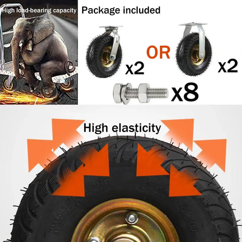 2 Pack Heavy Duty Industrial Grade Swivel Caster Featuring Natural Rubber Pneumatic Tires shown with bolt and tire elastic features.