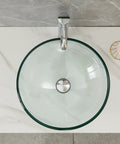 Round Tempered Clear Glass Bathroom Vessel Sink Basin With Faucet And Pop Up Drain Modern Minimalist Vanity Accent Top View
