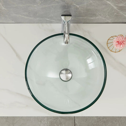 Round Tempered Clear Glass Bathroom Vessel Sink Basin With Faucet And Pop Up Drain Modern Minimalist Vanity Accent Top View