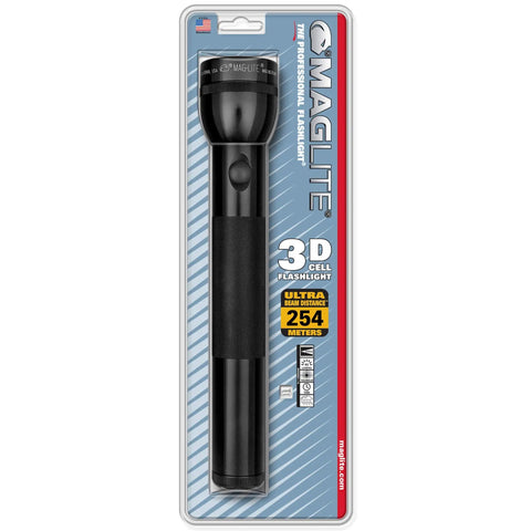 3 Cell D Flashlight With Water Resistant Body, Adjustable Beam, High Intensity Krypton Bulb, Black Finish Packaging