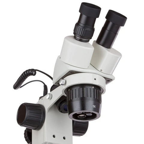 SWDG-2B13 10X-30X Super Widefield Pillar Stand Stereo Microscope With Large Field Of View And Long Working Distance Dual Halogen Illumination For Incident And Transmitted Lighting For Crisp Upright 3D Imaging In Lab Classroom And Hobby Use, front view