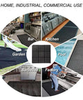 Anti Fatigue Rubber Floor Mat Interlocking Non Slip Drainage Tile For Restaurant Kitchen Bar Garden Outdoor Wet Areas 36 By 36 Inches Heavy Duty Commercial Grade shown in various use locations.