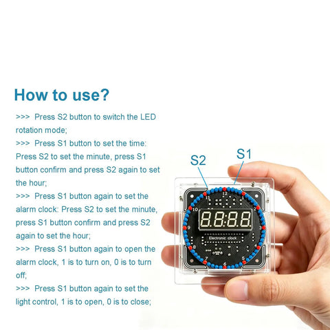 60s Clock DIY Kit for Soldering Practice, Digital Clock With Transparent Case, Hand Holding Assembled Clock, Easy Setup Instructions