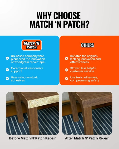 Comparison showing before and after using Wood Grain Repair Tape Antique Oak 2.25 Inch By 15 Foot Realistic Wood Finish Duct Tape.