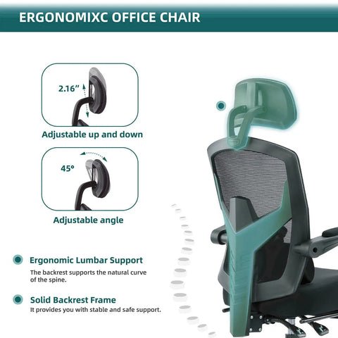 Adjustable headrest and lumbar support on Home Office Desk Chair With Footrest, High Back Mesh Chair, Rolling Swivel Ergonomic Chair With Wheels