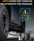 Portable Jump Starter With Air Compressor 6000A Peak 12V Jump Box inflating a truck tire using 160 PSI Tire Inflator