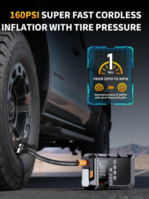 Portable Jump Starter With Air Compressor 6000A Peak 12V Jump Box inflating a truck tire using 160 PSI Tire Inflator