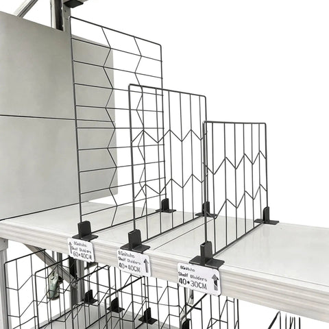 Twenty Pack Heavy Duty Wire Shelf Dividers With Double Buckle Clips For Store Fixtures And Library Shelving Includes Erasable Price Labels, 40x30CM gray iron dividers on display.