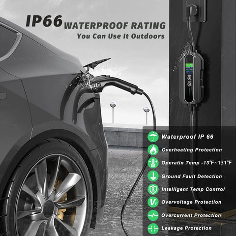Portable Level One And Level Two EV Charger With 25 Foot Cable 110-240V Input SAE J1772 Plug shown charging car