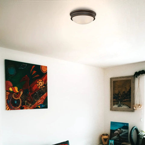 Two Light Indoor Flush Mount Ceiling Fixture In Oil Rubbed Bronze With Frosted Glass And Highlight Detailing Classic Vibe Style 13 Inch Ceiling Light In Living Room