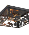 Bear Rustic 2 Light Farmhouse Flush Mount Ceiling Light With Metal Cutout Sides In Anti Rust Black Finish, forest design view