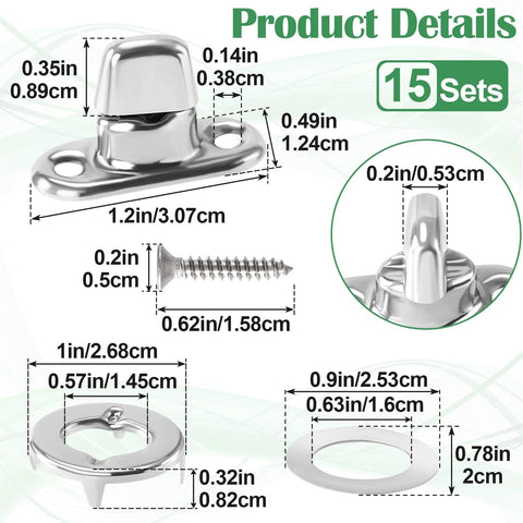 Front view of Mxxipp 15-set marine-grade zinc alloy canvas quarter-turn fasteners with rustproof eyelets, studs and mounting screws for boats.