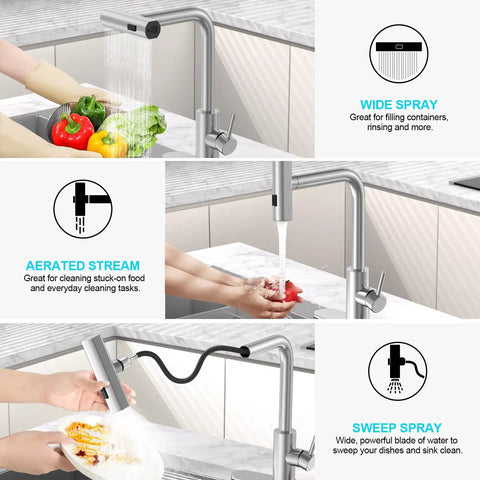 Top Tier Kitchen Sink Faucet Featuring A Smooth Pull Down Sprayer Integrated Soap Dispenser And Heavy Duty Brushed Finish for rinsing vegetables.