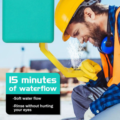 Man using 9 Gallon Portable Eye Wash Station OSHA Approved Wall Mounted Emergency Eye Wash With Dual Spray ANSI Certified Unit outdoors